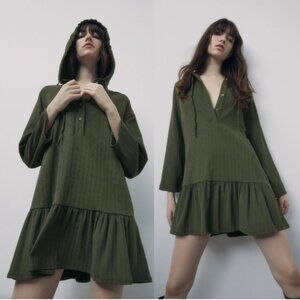 NWT ZARA Olive Green Hooded Ribbed Knit Henley Placket Mini Dress Size M